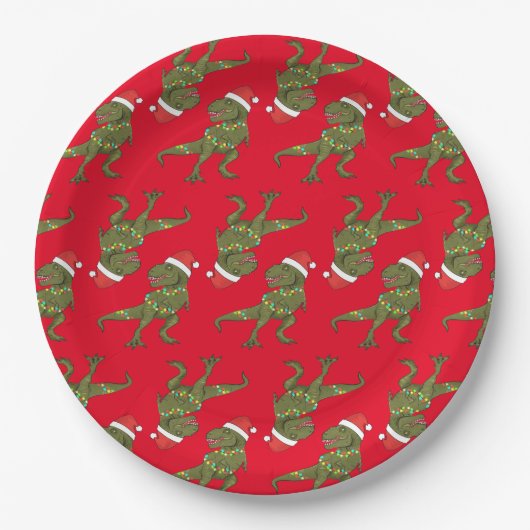 Assiettes En Carton Plate de Père Noël de Noël Dino T-Rex (Devant)