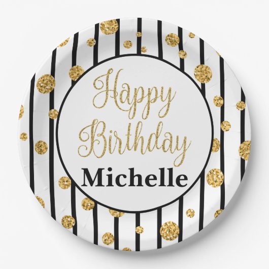 Assiettes En Carton Plats de parties scintillantes d'or de rayure de (Devant)