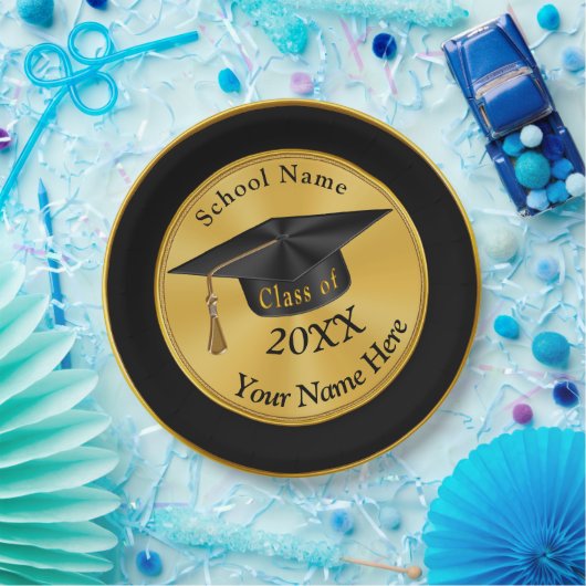 Assiettes En Carton Plats personnalisés d'obtention du diplôme de noir (Fête)