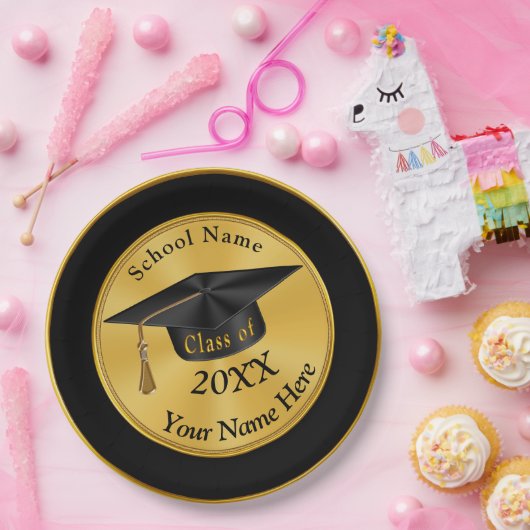 Assiettes En Carton Plats personnalisés d'obtention du diplôme de noir (Fête)