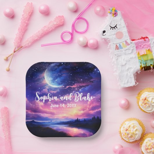 Assiettes En Carton Pleine lune céleste étoiles nuages Mariage mystiqu (Fête)
