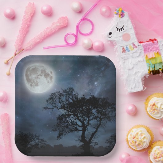 Assiettes En Carton Pleine lune dans un ciel étoilé (Fête)