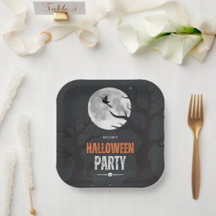 Assiettes En Carton Pleine lune d'Halloween noire et orange
