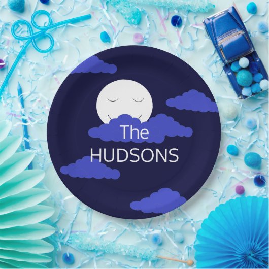 Assiettes En Carton Pleine lune souriante avec nuages foncés : (Fête)