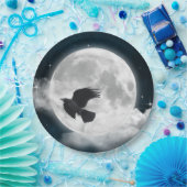 Assiettes En Carton Pleine lune sur daim bleu avec corbeau (Fête)