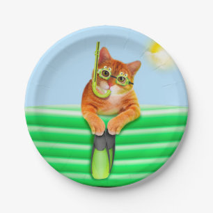 Assiettes En Carton Plongeur de chat avec masque et tuba