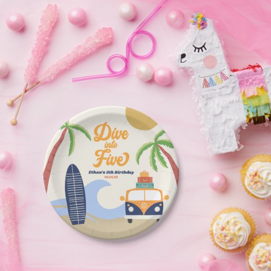 Assiettes En Carton Plongez dans cinq Surfs Board Bleu 5e anniversaire (Fête)