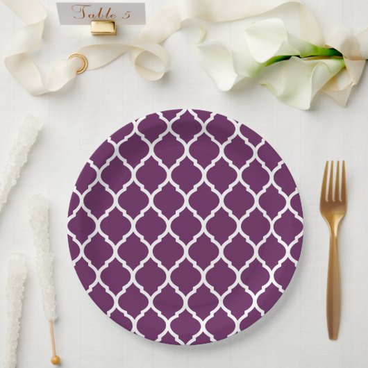 Assiettes En Carton Plum pourpre et blanc Quatrefoil marocain (Mariage)