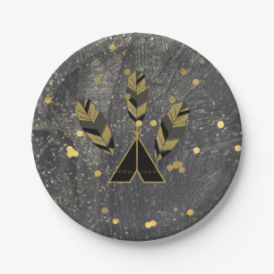 Assiettes En Carton Plume Dessiné à la Main & Tipi Or Noir Boho Glam