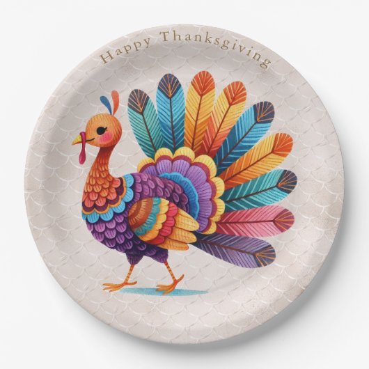 Assiettes En Carton Plumes brillantes Thanksgiving Turquie Plaque en p (Devant)