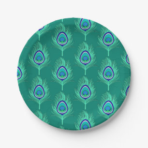 Assiettes En Carton Plumes de paon, Aqua on Turquoise / Peacock