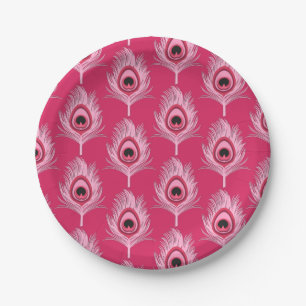 Assiettes En Carton Plumes de paon, rose pastel sur rose fuchsia