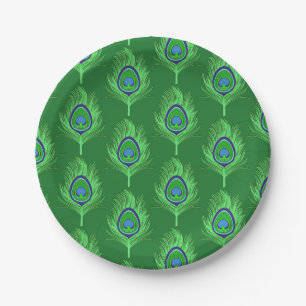 Assiettes En Carton Plumes de paon, vert citron sur vert émeraude