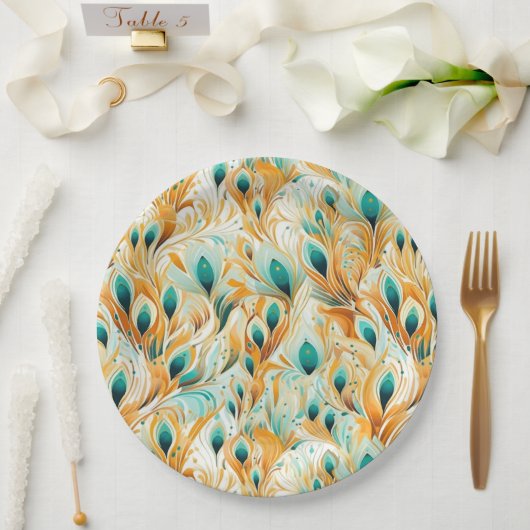 Assiettes En Carton Plumes de Peacock Turquoise Tropical (Mariage)