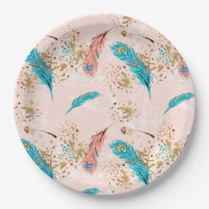 Assiettes En Carton Plumes Pastel Pink Turquoise Bleu Plaque papier or