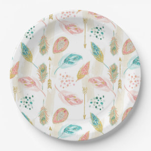 Assiettes En Carton Plumes Pastel Pink Turquoise Or Flèches Plaque de