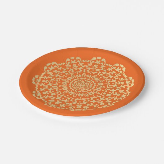 Assiettes En Carton Plutôt Élégant Or Orange Lacy Motif (Angle)