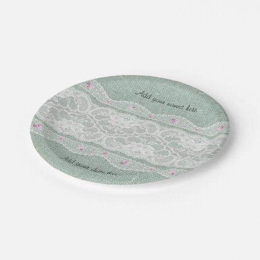 Assiettes En Carton Poêle turquoise Burlap et plaque en dentelle blanc (Angle)