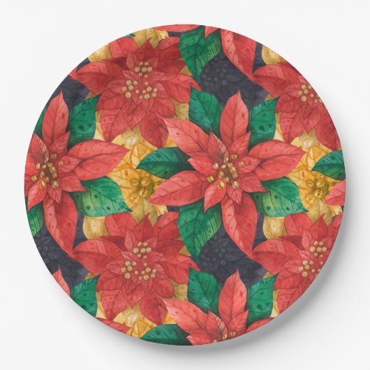 Assiettes En Carton Poinsettia Floral Élégant Noël (Devant)
