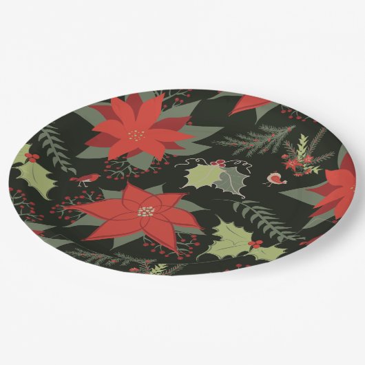 Assiettes En Carton Poinsettia Holly Noël (Angle)