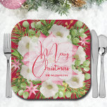 Assiettes En Carton Poinsettia Joyeux Noël<br><div class="desc">Les grandes plaques en papier carré personnalisées sont ornées de fleurs d'hiver modernes et élégantes et d'un poinsettia rose avec Joyeux Noël et votre nom en lettres chic. CORRESPONDRE des articles dans notre magasin.</div>