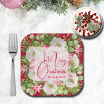 Assiettes En Carton Poinsettia Joyeux Noël<br><div class="desc">Les plaques en papier carré personnalisées sont ornées de fleurs d'hiver modernes et élégantes et d'un poinsettia rose avec Joyeux Noël et votre nom en lettres chic. CORRESPONDRE des articles dans notre magasin.</div>