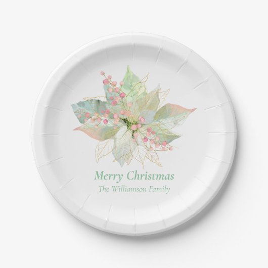 Assiettes En Carton Poinsettia Pastel Elégant Noël rose Sage (Devant)
