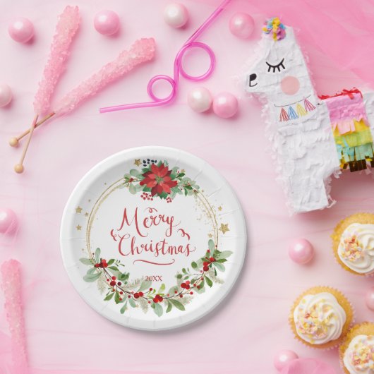 Assiettes En Carton Poinsettia Verdure Feuillage Rouge Berry Noël (Fête)