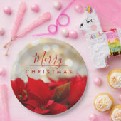 Assiettes En Carton Poinsettias rouges avec Golden Bokeh Joyeux Noël (Fête)