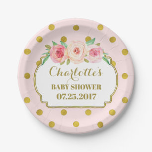 Assiettes En Carton Pointes en or rose Plaque de Baby shower fleurie