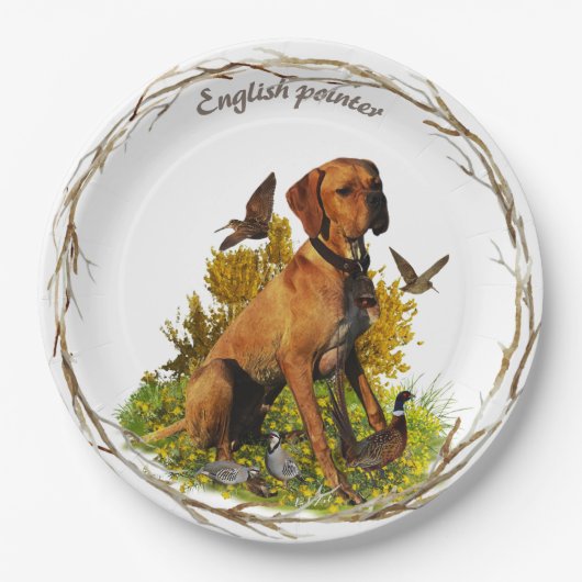 Assiettes En Carton Pointeur anglais, chasse aux oiseaux (Devant)