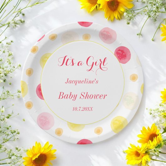Assiettes En Carton Points Aquarelle Baby shower rose