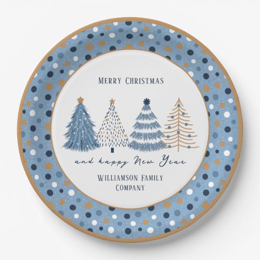 Assiettes En Carton Points Arbres Bleus Texte Moderne Noël (Devant)