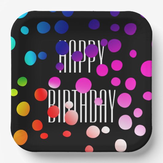 Assiettes En Carton Points Arc-en-ciel d'anniversaire en noir (Recto)