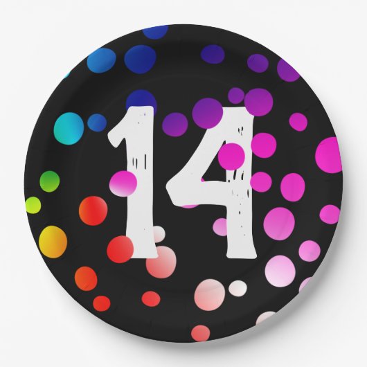 Assiettes En Carton Points arc-en-ciel du 14e anniversaire en noir (Devant)