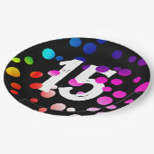 Assiettes En Carton Points arc-en-ciel du 15e anniversaire en noir (Angle)