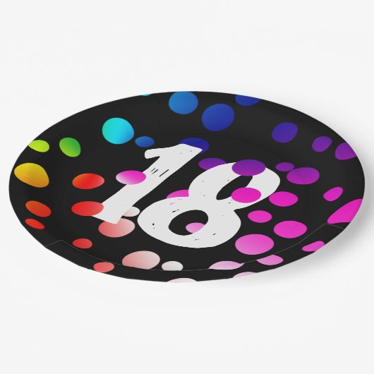 Assiettes En Carton Points arc-en-ciel du 18e anniversaire en noir (Angle)