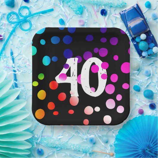 Assiettes En Carton Points arc-en-ciel du 40e anniversaire en noir (Fête)