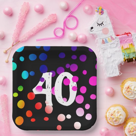 Assiettes En Carton Points arc-en-ciel du 40e anniversaire en noir (Fête)