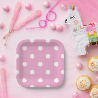 Assiettes En Carton Points blancs sur rose
