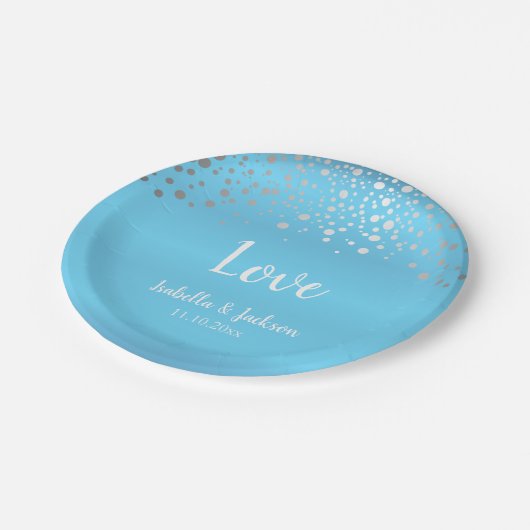 Assiettes En Carton Points Confetti Bleu Bébé et Argent (Angle)