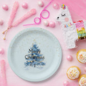 Assiettes En Carton Points Confetti Or Bleu Arbre de Noël (Fête)