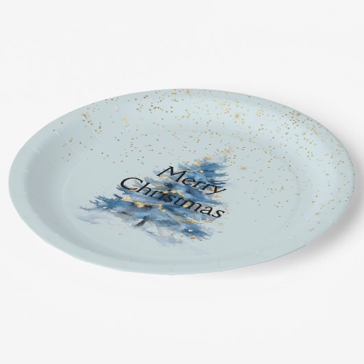 Assiettes En Carton Points Confetti Or Bleu Arbre de Noël (Angle)