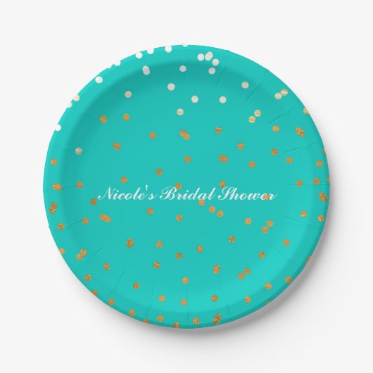 Assiettes En Carton Points Confetti Turquoise Bleu & Or brillants Mode (Devant)