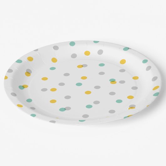 Assiettes En Carton Points d'aqua gris et de confetti jaune (Angle)