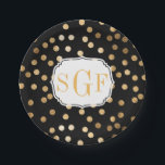 Assiettes En Carton Points de Parties scintillant noir et or monogramm<br><div class="desc">Des points modernes et tendance de parties scintillant faux or et un monogramme personnalisé de trois lettres font de ces plaques de fête papier l'addition parfaite à toute célébration.</div>