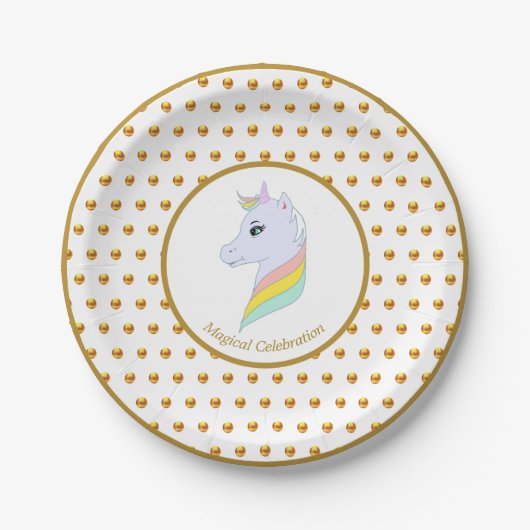 Assiettes En Carton Points de polka dorés et licorne (Devant)
