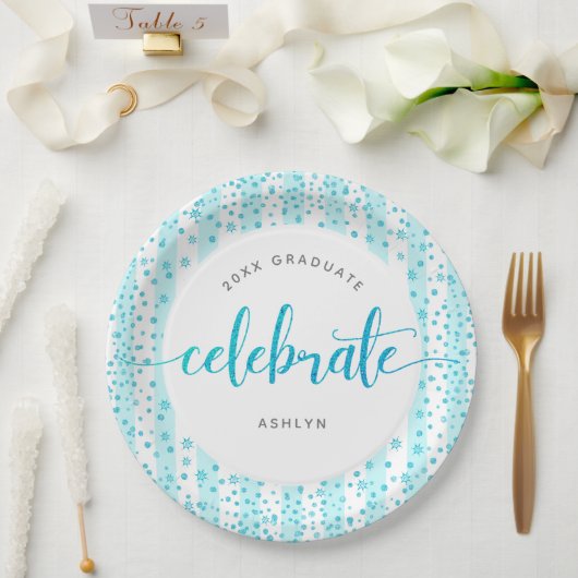 Assiettes En Carton Points de script de parties scintillant turquoise (Mariage)