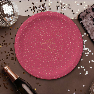 Assiettes En Carton Points dorés élégants sur monogramme royal rouge m