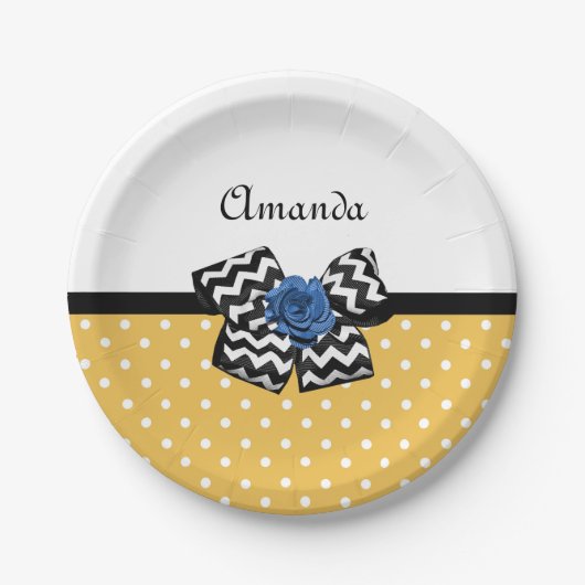 Assiettes En Carton Points Jaunes Bleus Rose Chevron Bow avec nom (Devant)